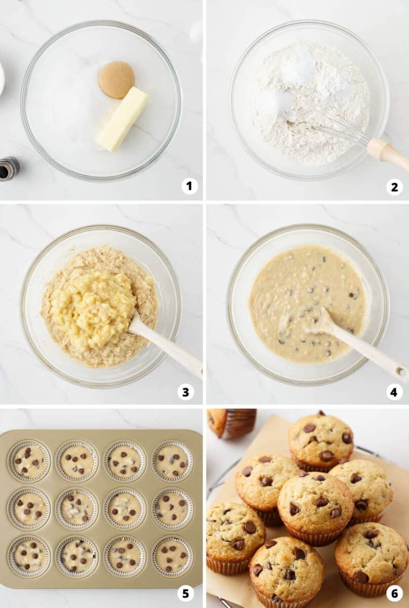 Showing how to make chocolate chip banana muffins in a 6 step collage.
