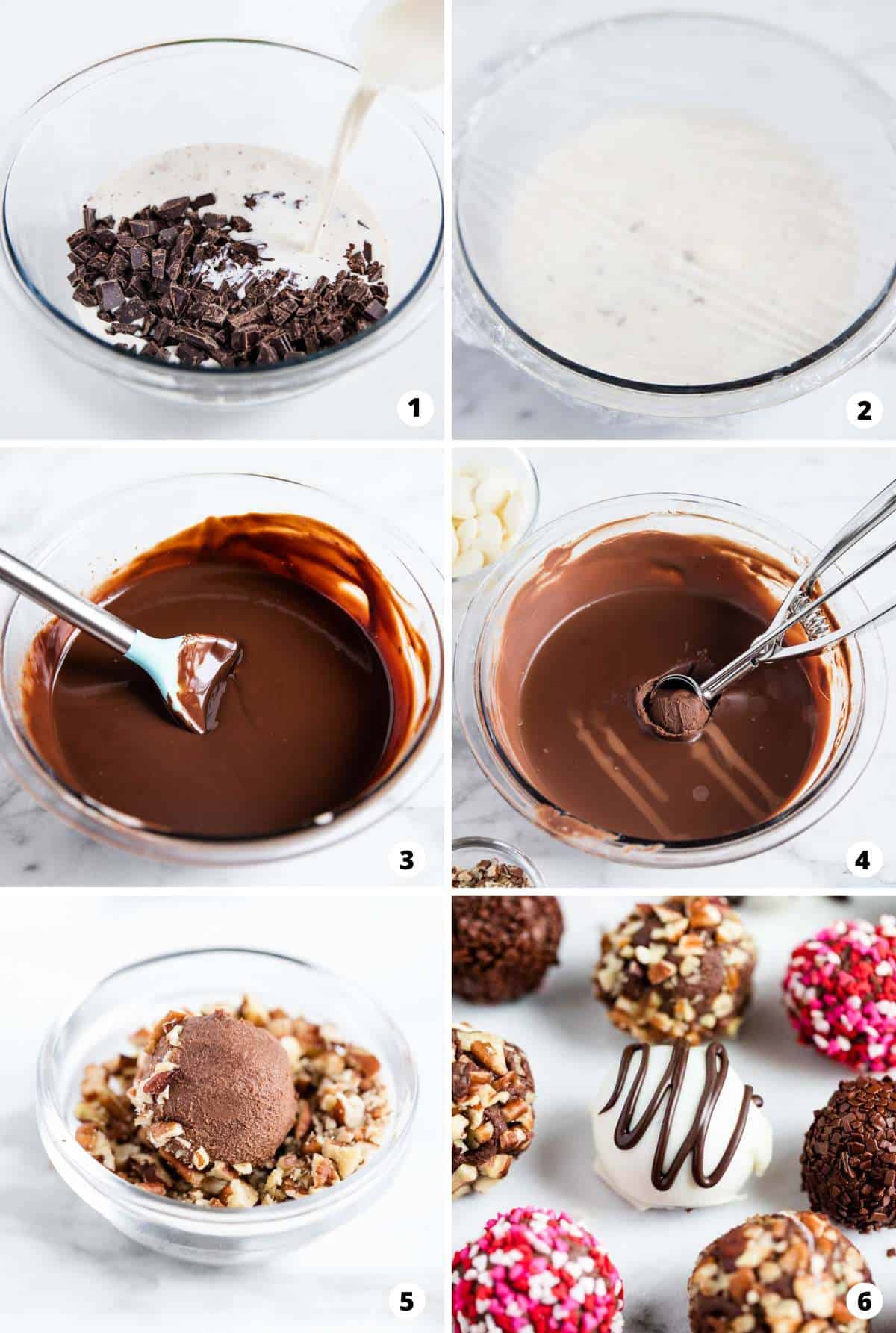 The process of making chocolate truffles in a six step photo collage. 