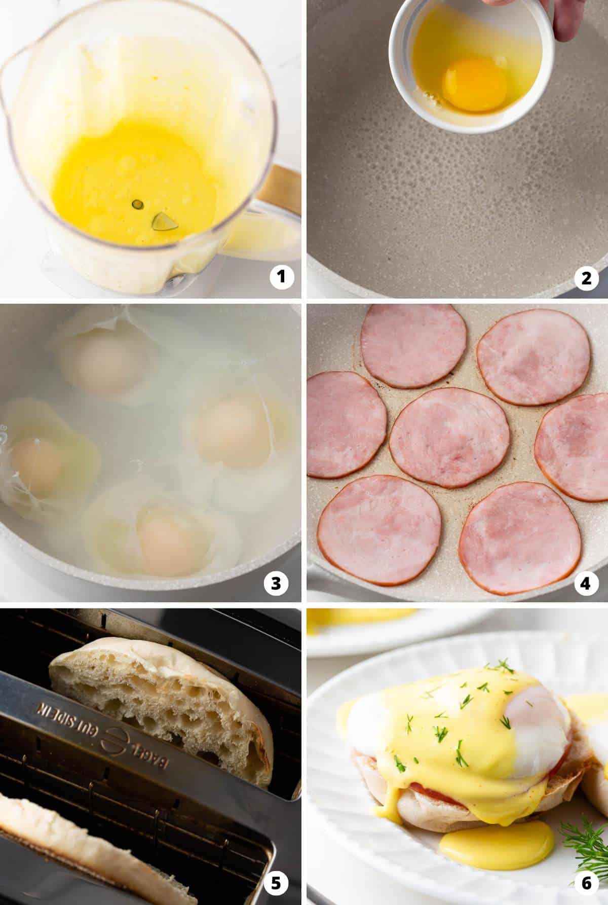 Showing how to make eggs Benedict in a 6 step collage. 