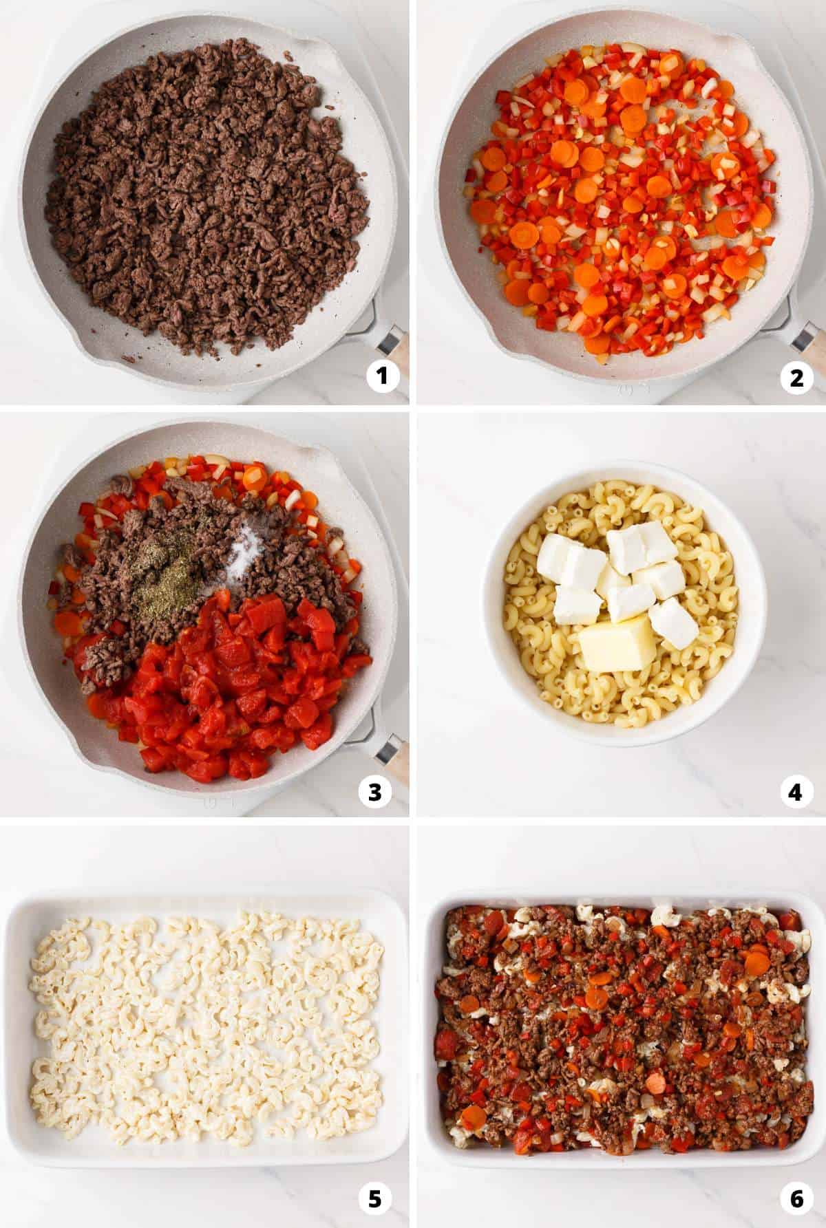 Showing how to make hamburger casserole in a 6 step collage.