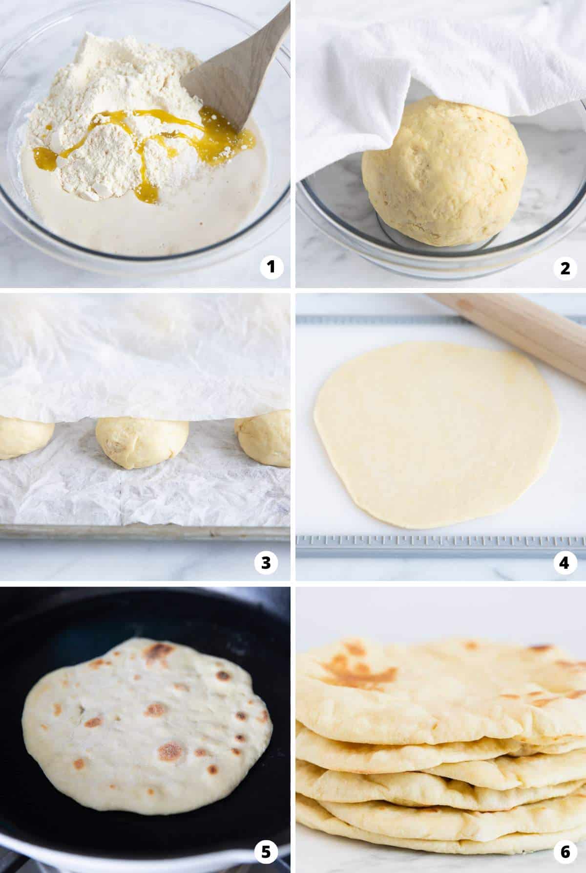 Learn how to make the best pita bread in the oven or on the stovetop with just 5 simple ingredients. This homemade pita recipe tastes authentic and is soft and puffy with the perfect pocket inside! Step by step photo collage showing how to make a pita bread recipe from making the dough to rolling and cooking.