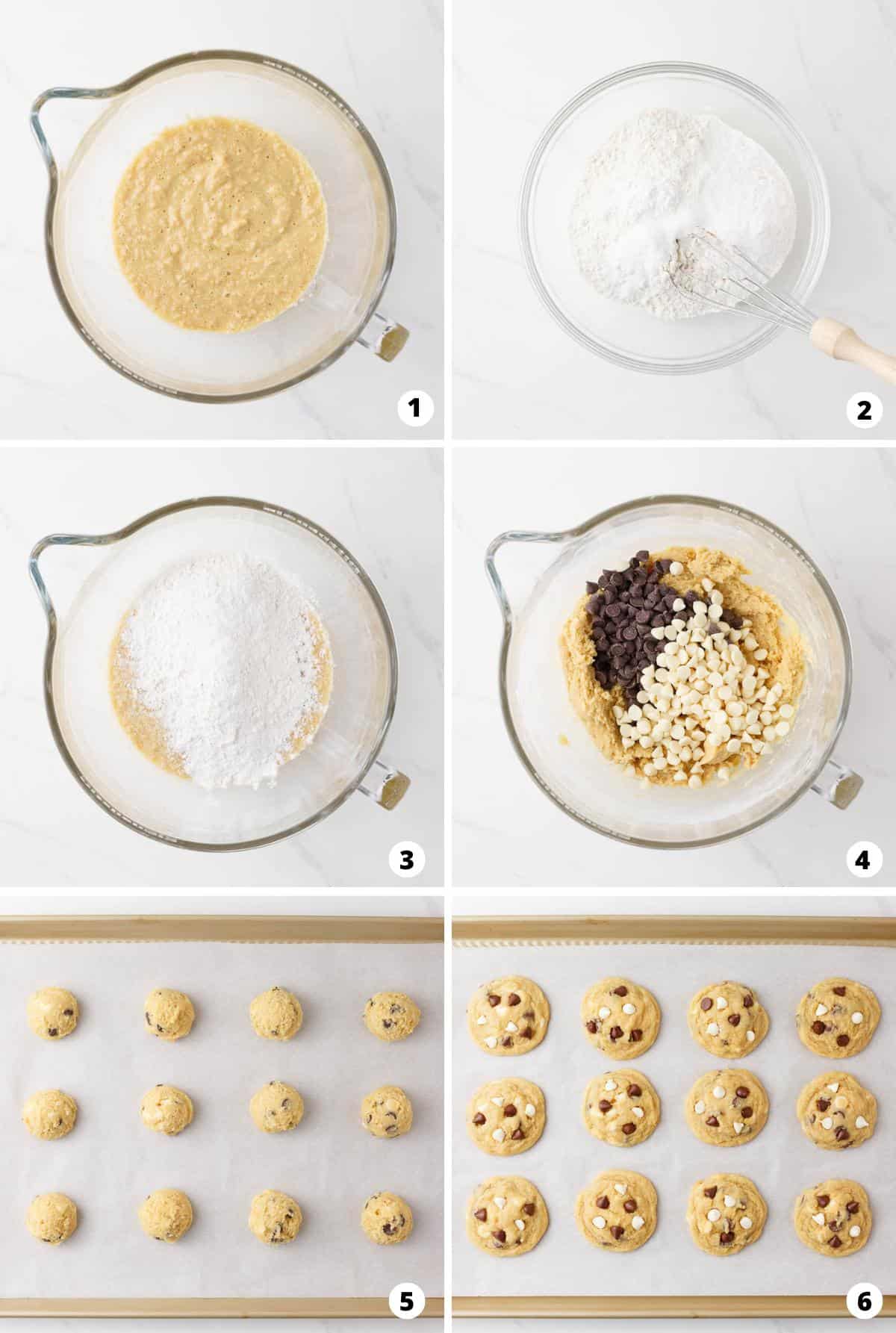 How to make chocolate chip pudding cookies in a 6 step photo collage.