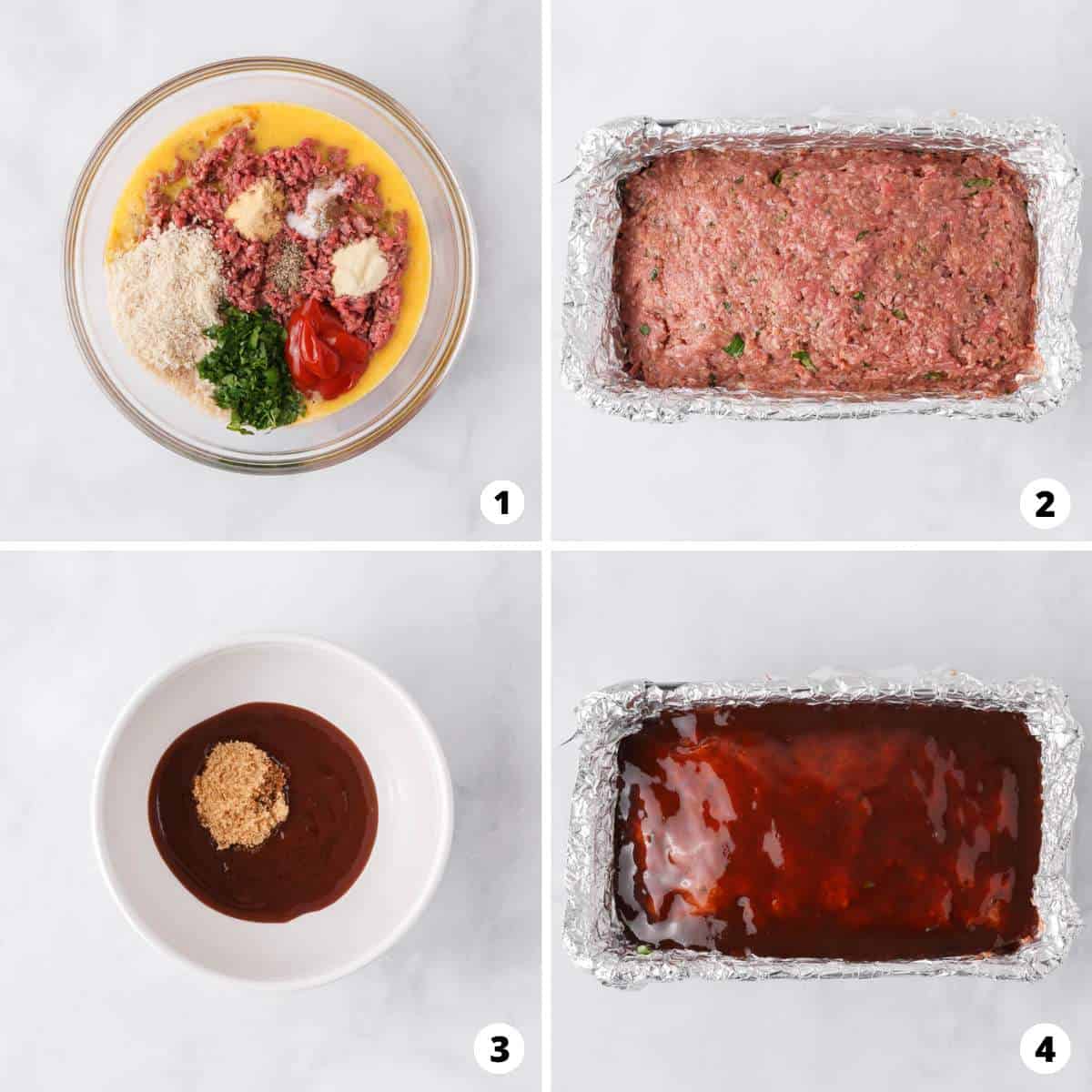 Showing how to make bbq meatloaf in a 4 step collage.