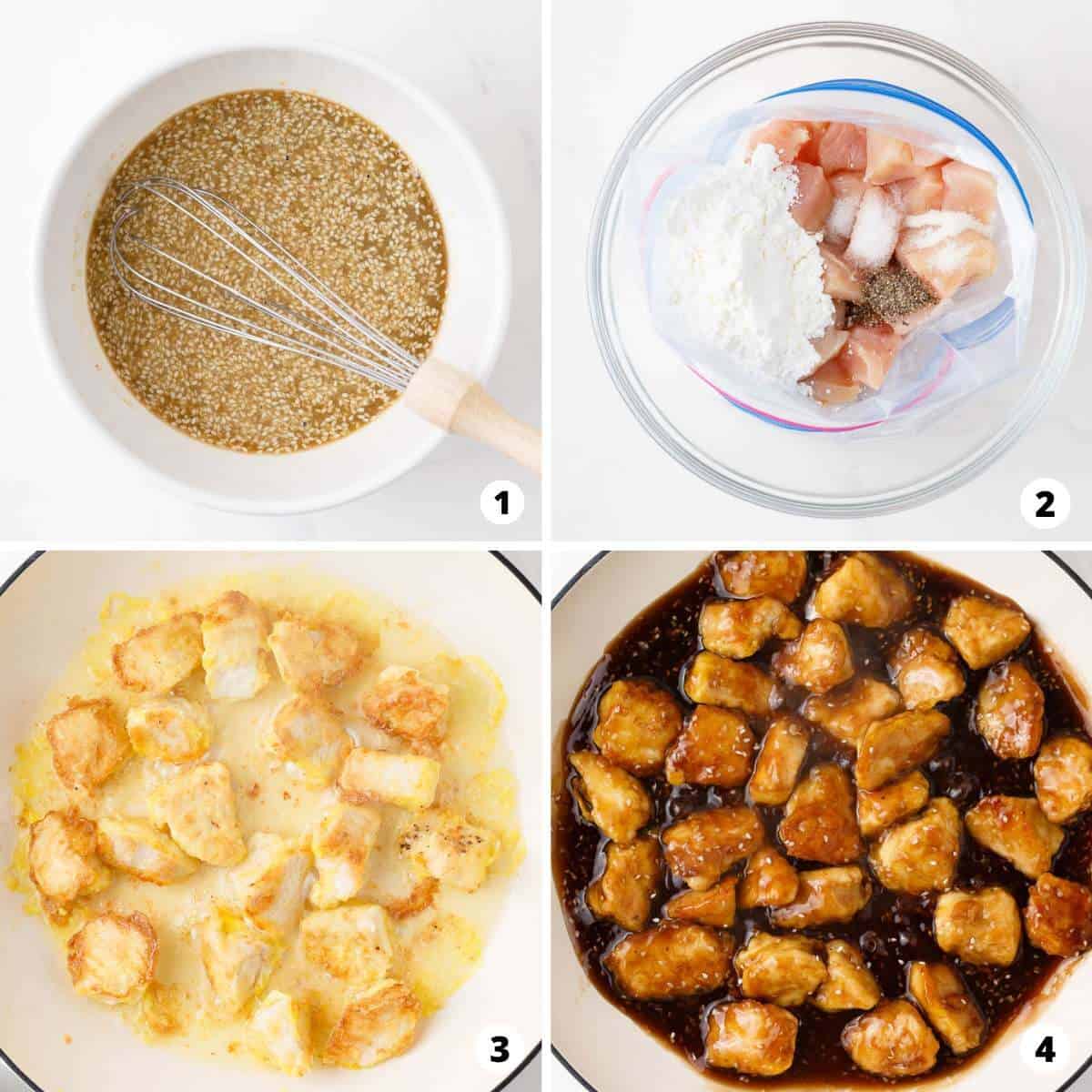 Showing how to make honey sesame chicken in a 4 step collage.
