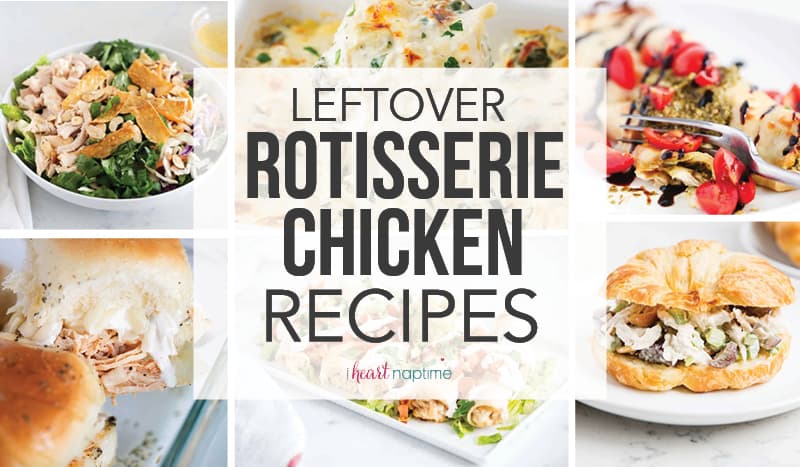 A photo collage of leftover rotisserie chicken recipes.