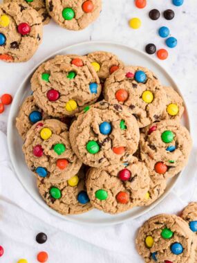 Best peanut butter m&m cookies on a plate.