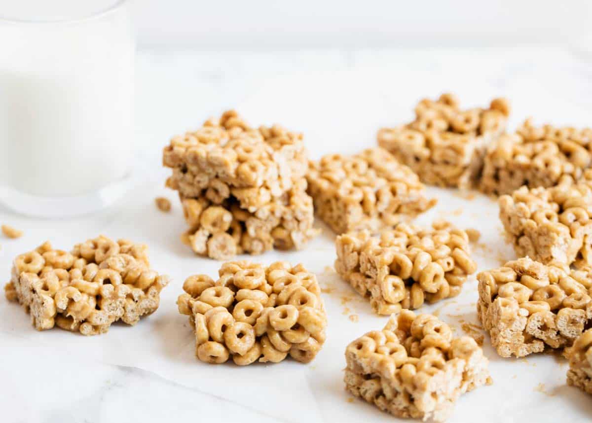 Cereal bars cut into squares. 