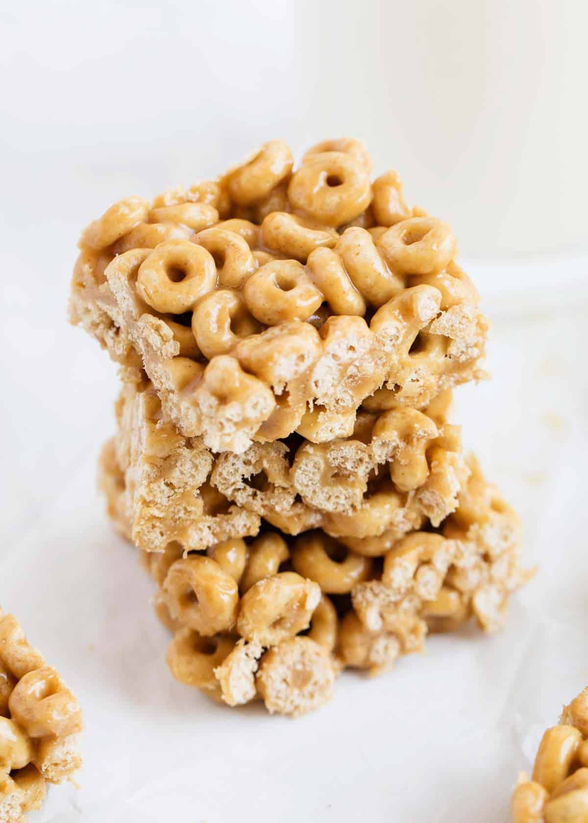 Cereal bars stacked on top of each other. 