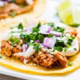 Chicken tinga tacos on a white plate.