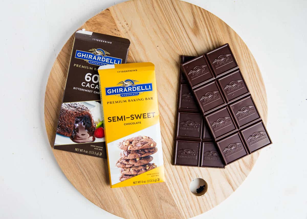 Ghirardelli chocolate on a cutting board.