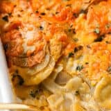 Potatoes au gratin in a baking dish.