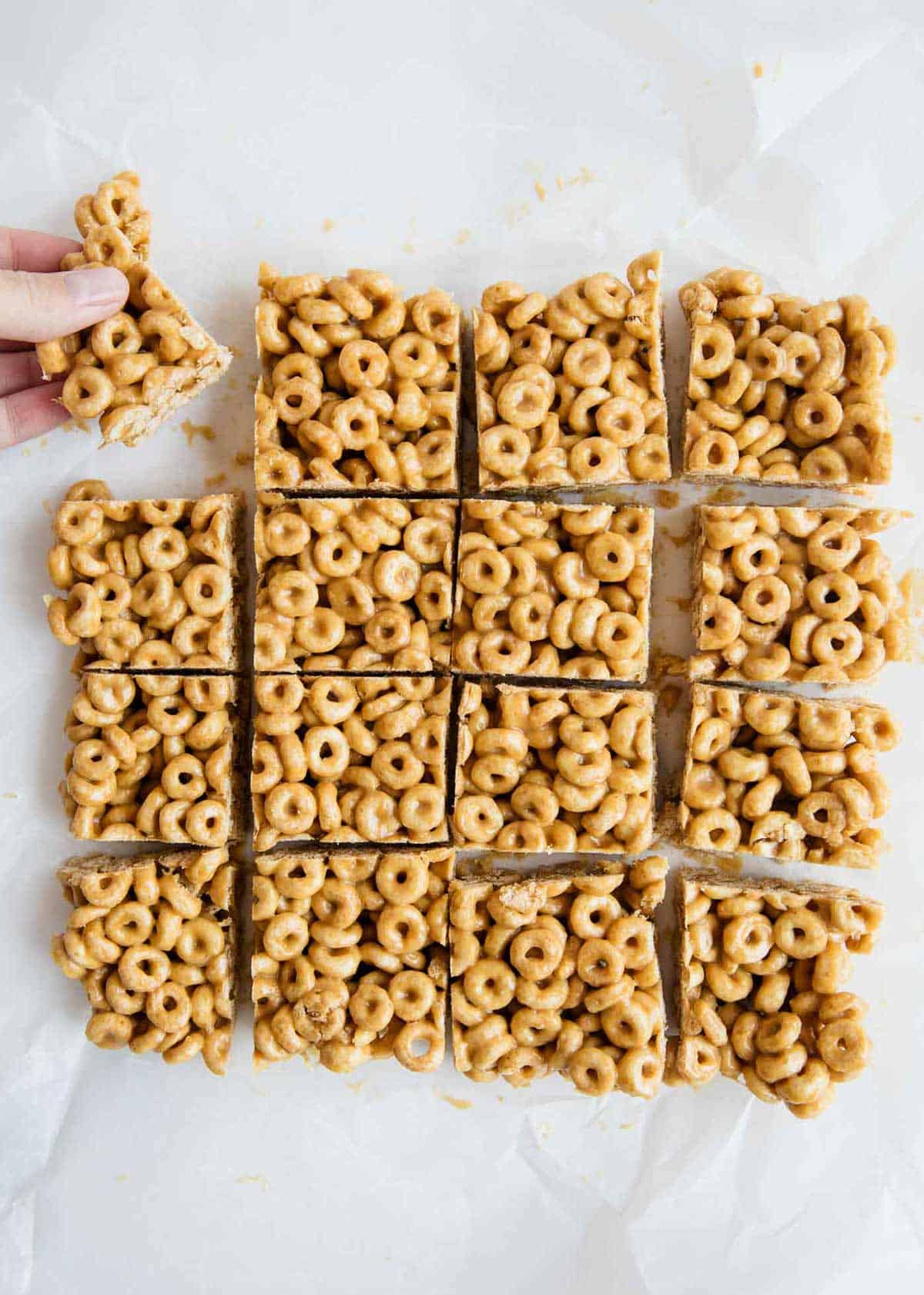 Cereal bars cut into squares. 