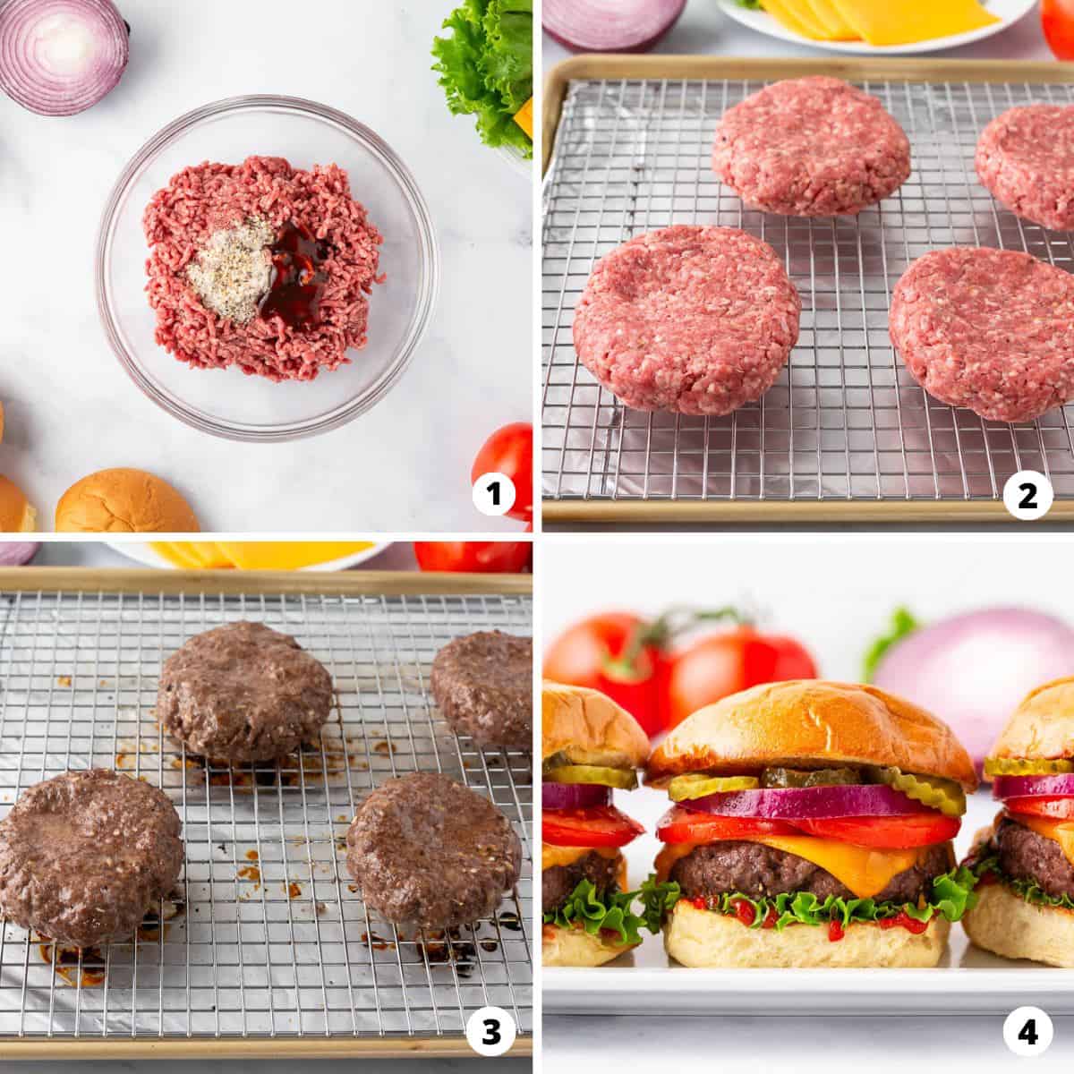 Showing how to bake hamburgers in a 4 step collage. 