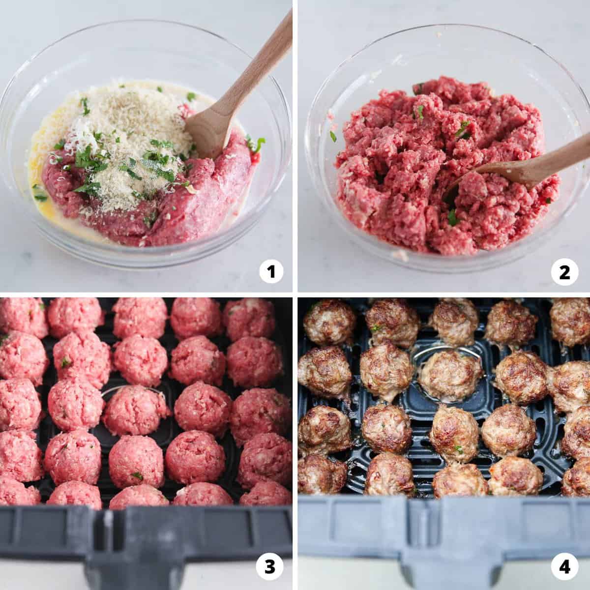 Showing how to make air fryer meatballs in a 4 step collage.