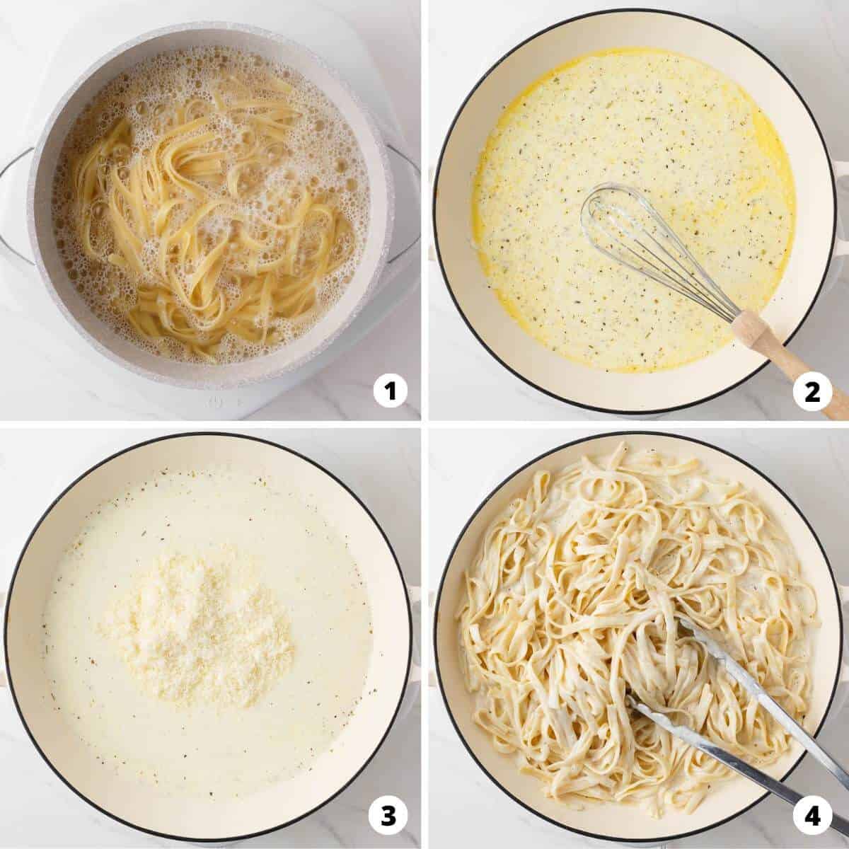 Showing how to make alfredo sauce in a 4 step collage.