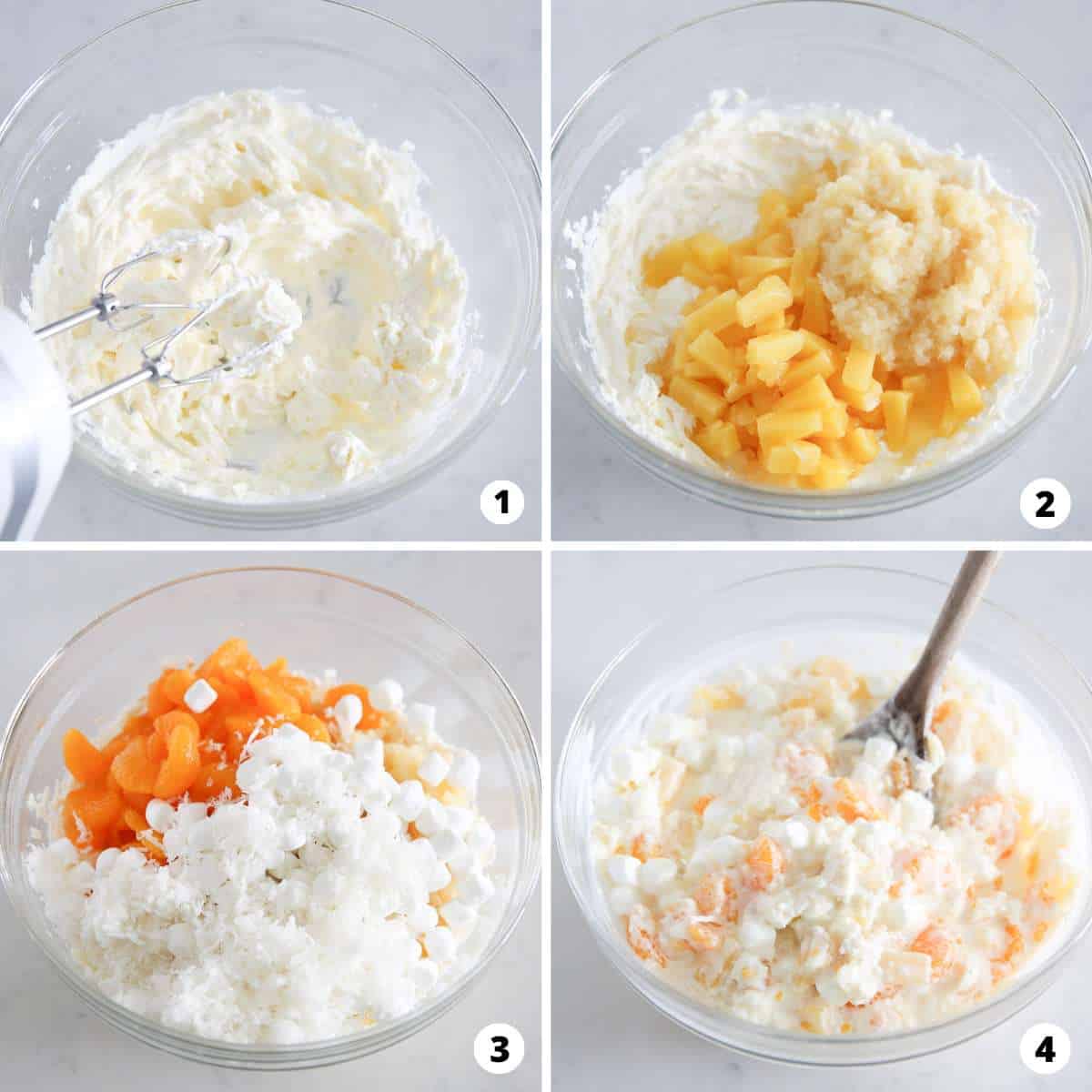 Showing how to make ambrosia salad in a 4 step collage.