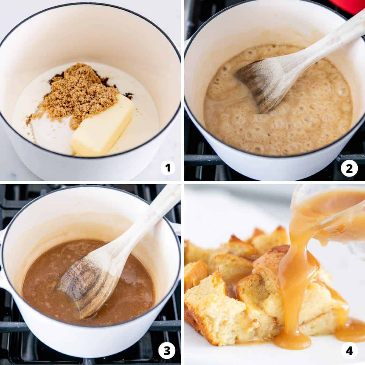 The process of making bread pudding sauce in four steps. 