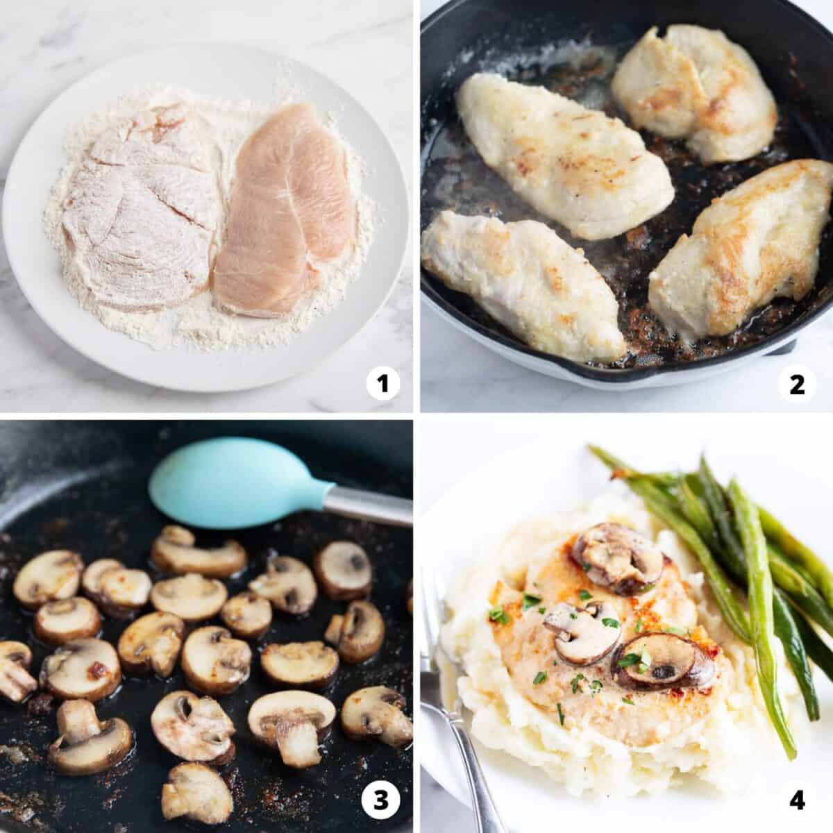Showing how to make chicken marsala in a 4 step collage.