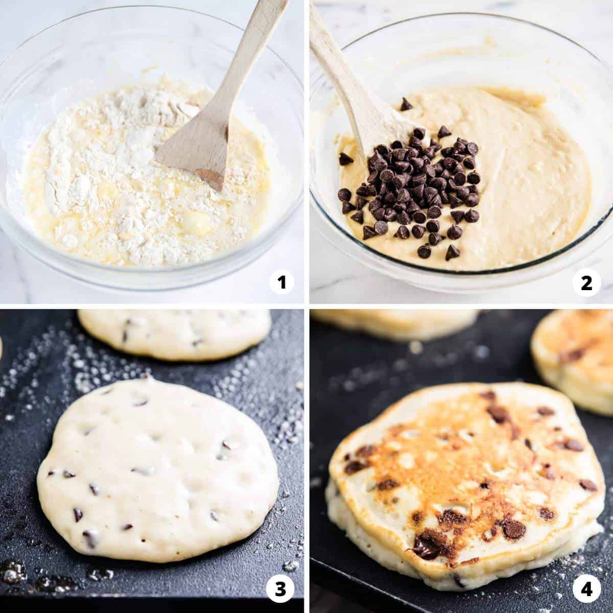 Showing how to make chocolate chip pancakes in a 4 step collage.