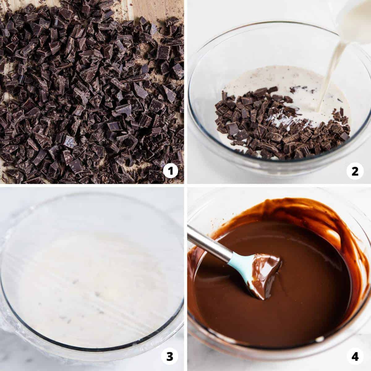 The process of making chocolate ganache in four steps.  