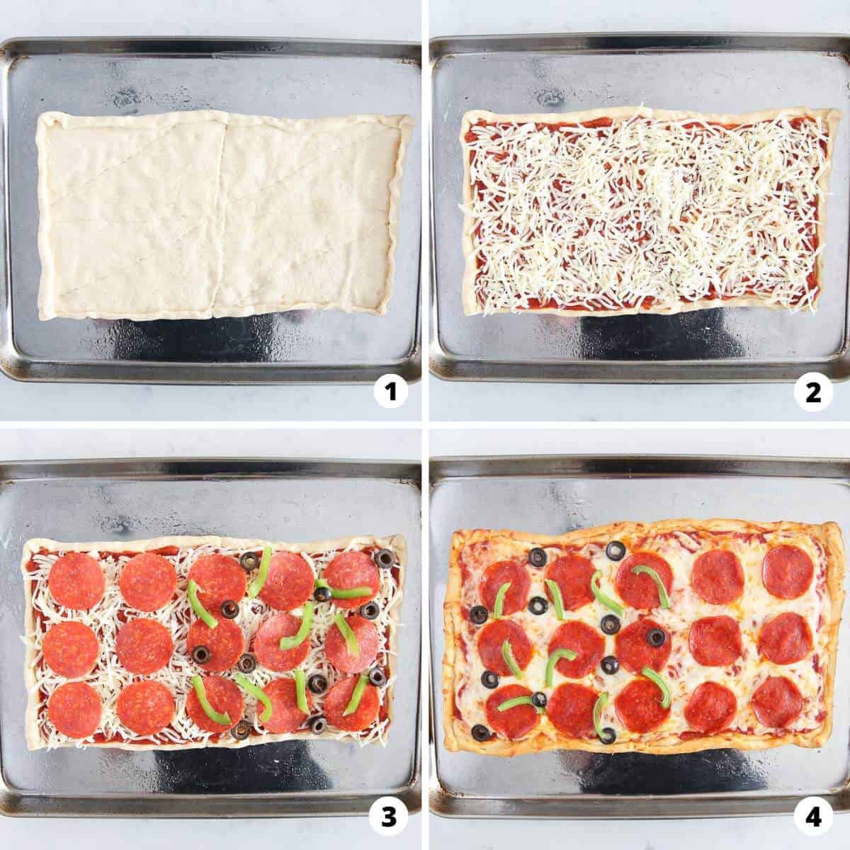 Showing how to make crescent roll pizza in a 4 step collage.