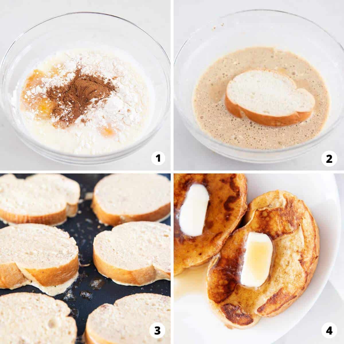 A step by step photo collage of how to make French bread French toast. 
