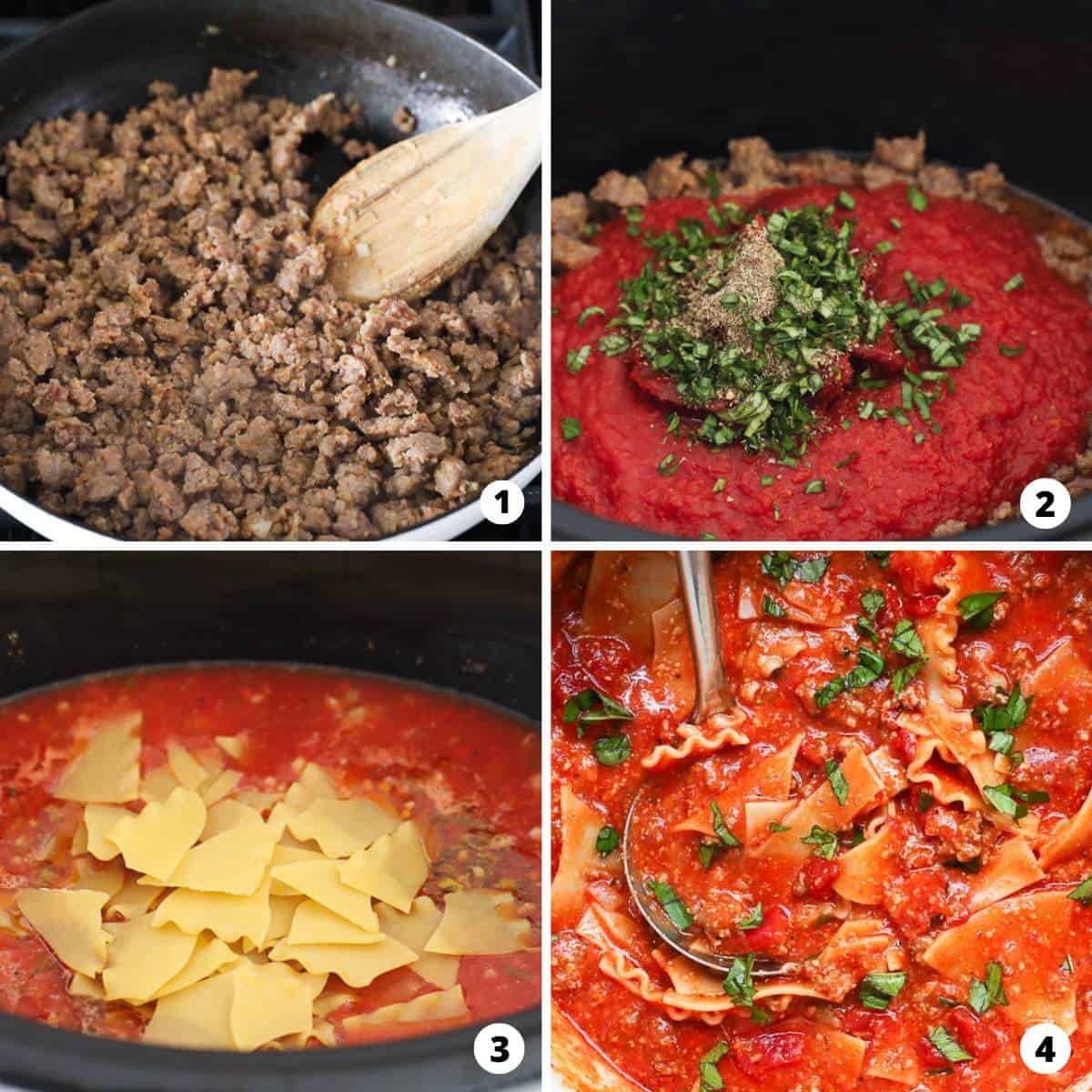 A step by step photo collage of how to make lasagna soup.
