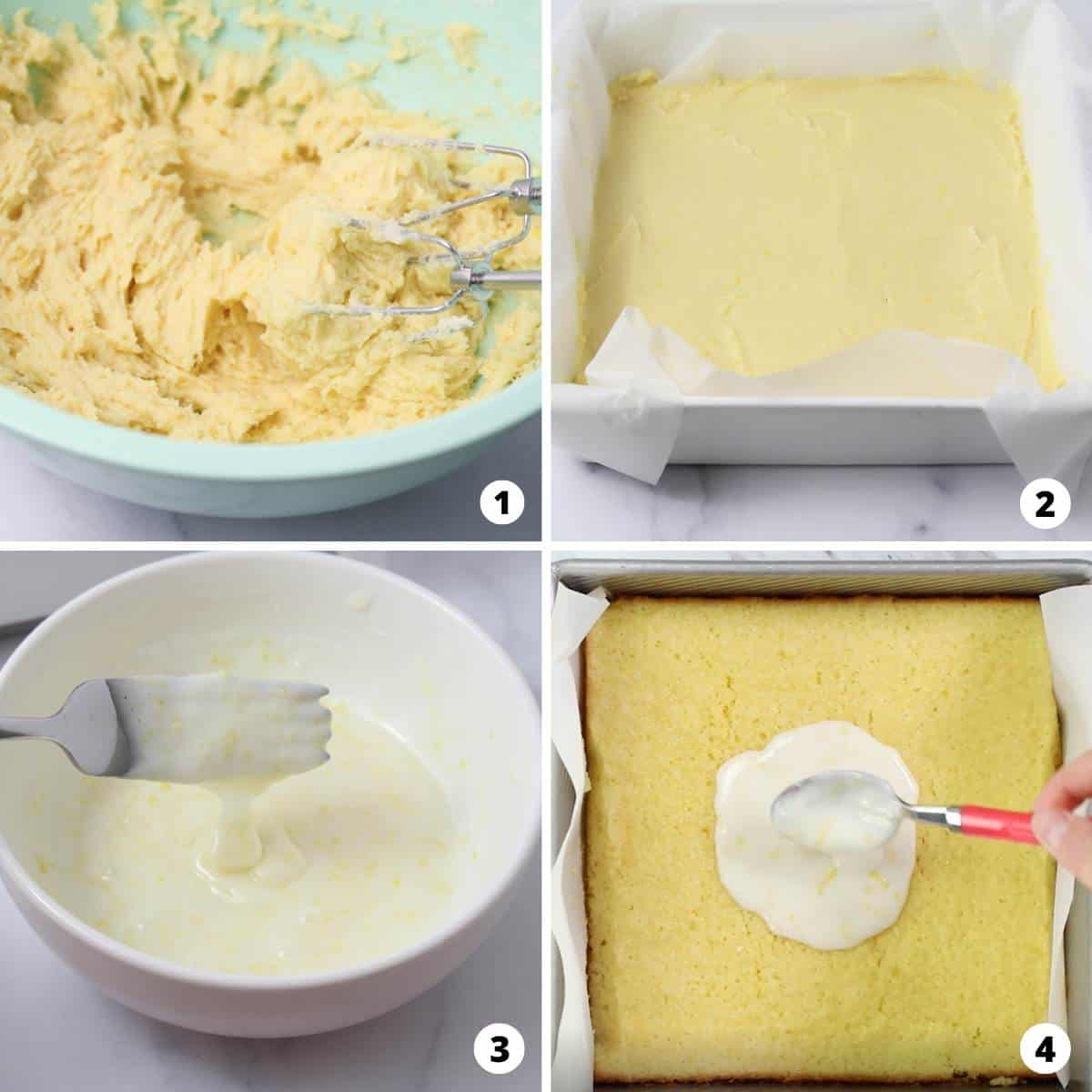 Dört aşamalı bir fotoğraf kolajında ​​limonlu kek yapma süreci. 