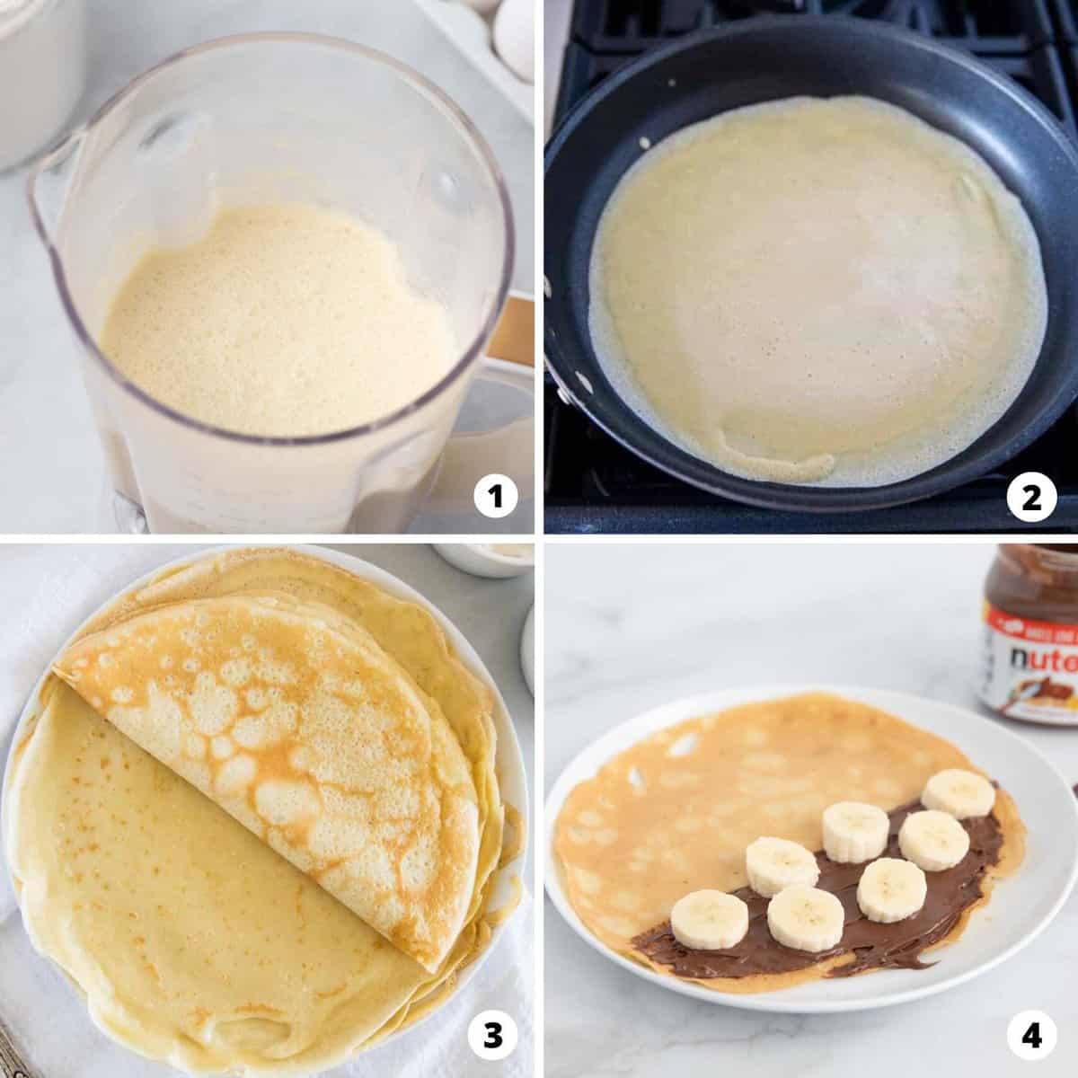 The process of making crepes in four steps. 