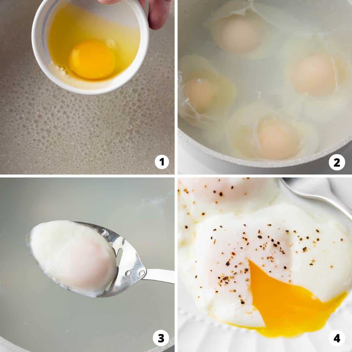 Showing how to make poached eggs in a 4 step collage.