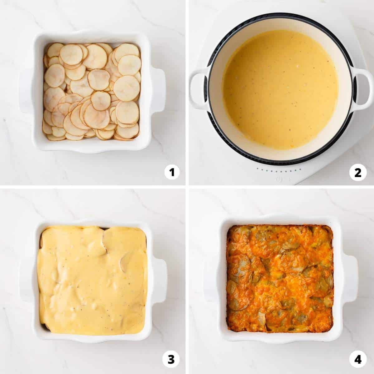 Showing how to make potatoes au gratin in a 4 step collage.