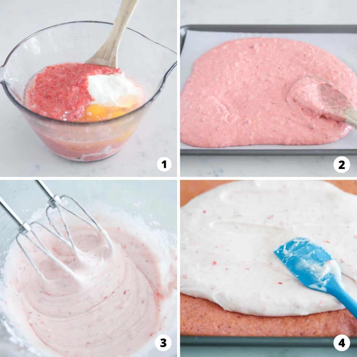 A photo collage of the steps to make strawberry brownies.