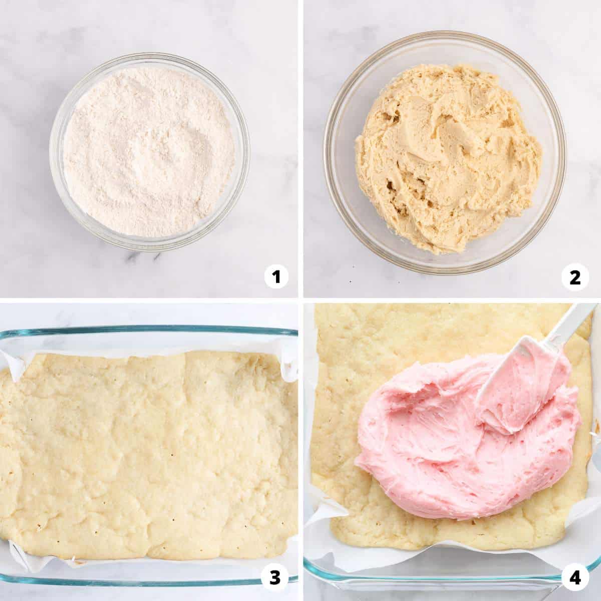 The process of making sugar cookie bars in a four step photo process. 