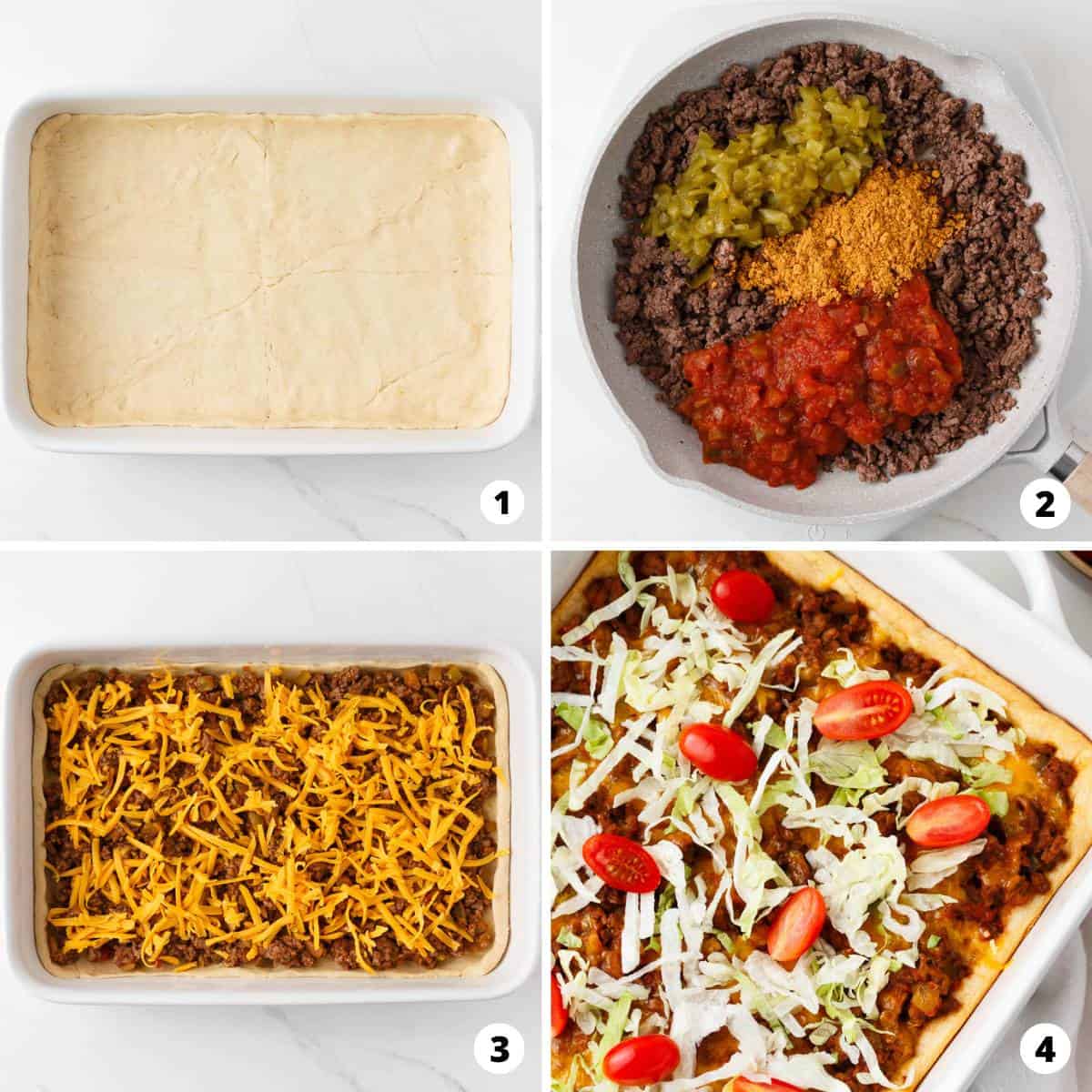 Showing how to make taco bake casserole in a 4 step collage.