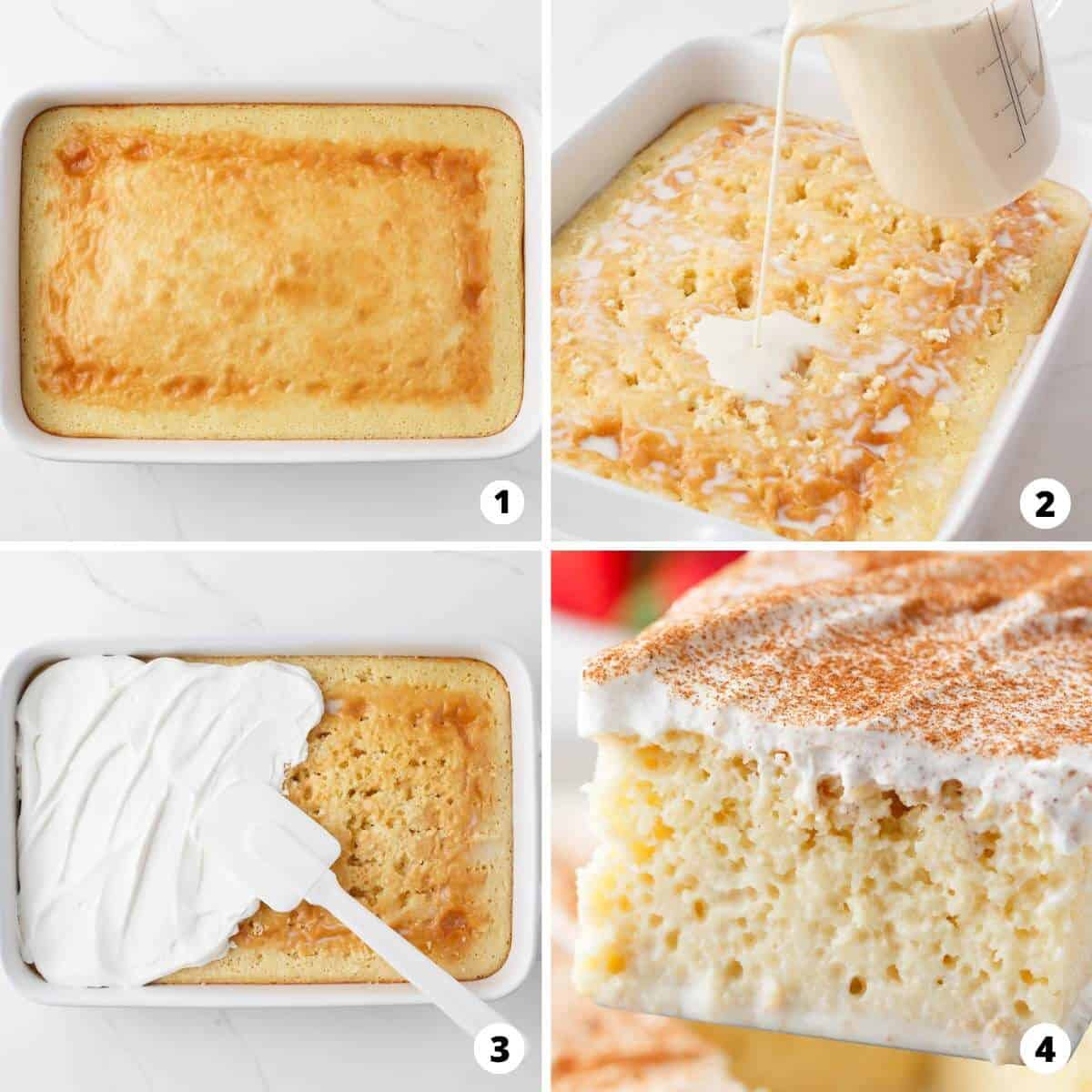Showing how to make tres leches in a 6 step collage.