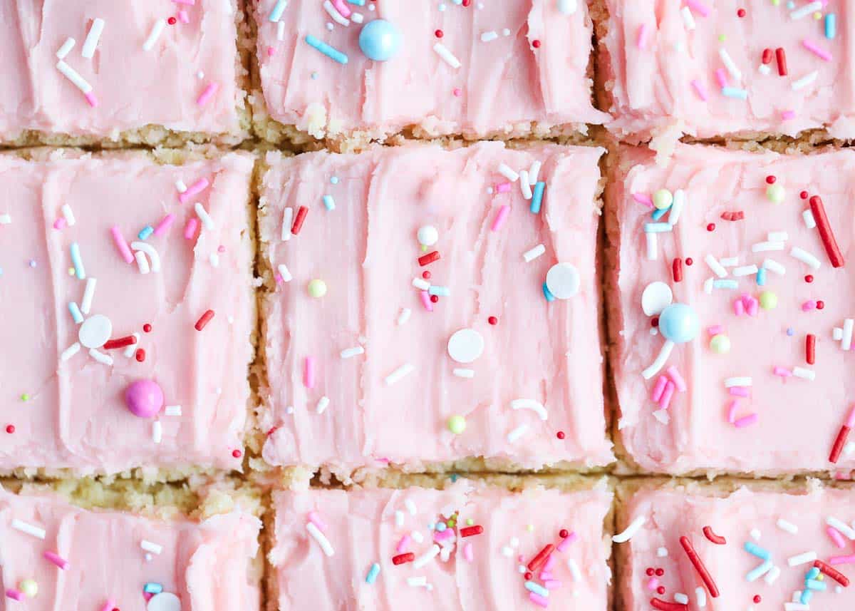 Sugar cookie bars sliced. 