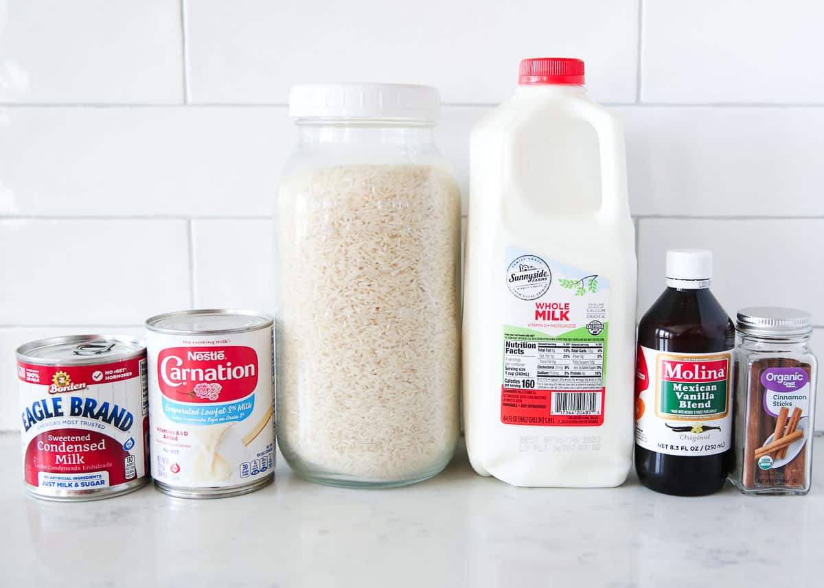 Arroz con leche ingredients on counter. 