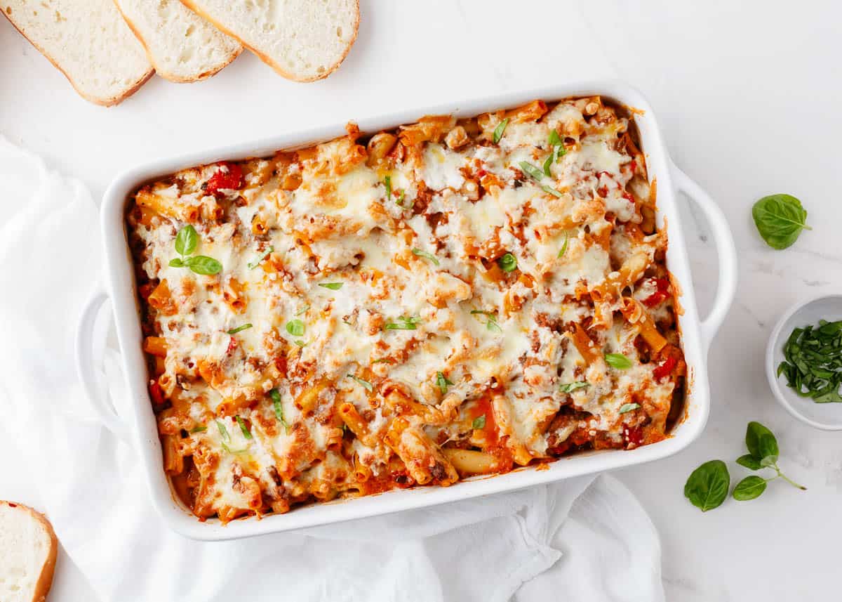 Baked ziti on marble counter.