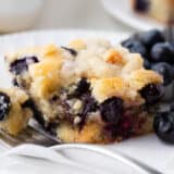 Blueberry coffee cake slice on a white plate.