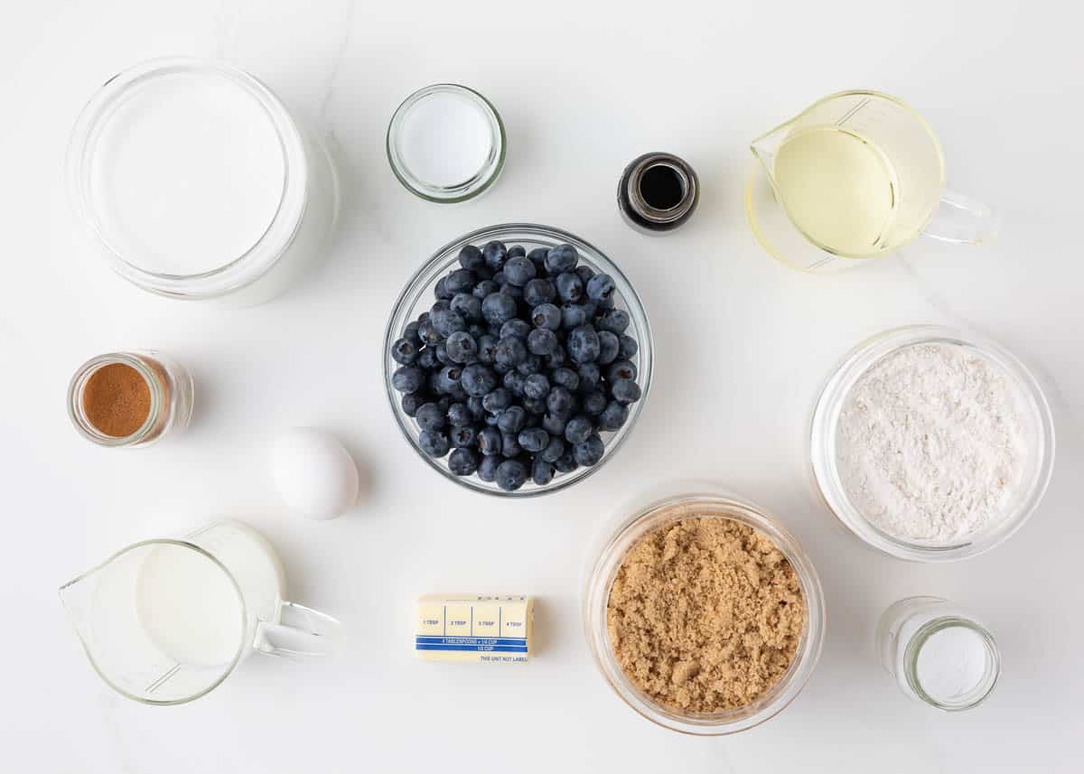 Blueberry coffee cake ingredients on the counter.