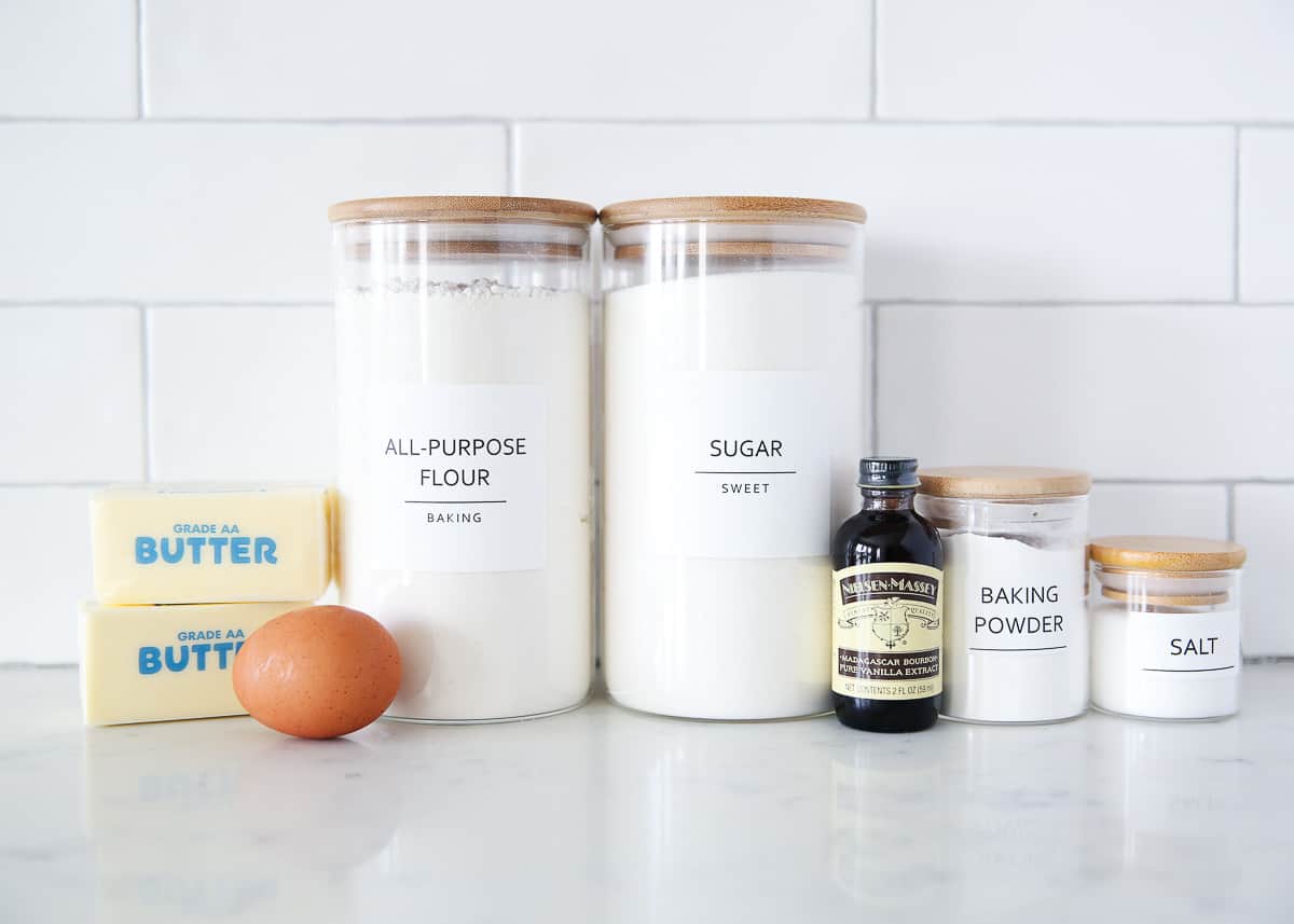 Butter cookie ingredients on the counter.