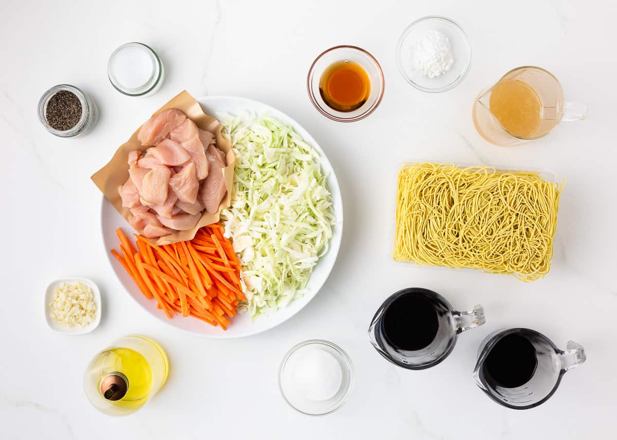 Chicken chow mein ingredients on the counter.