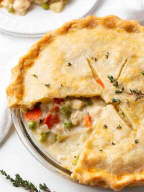Chicken pot pie on counter.