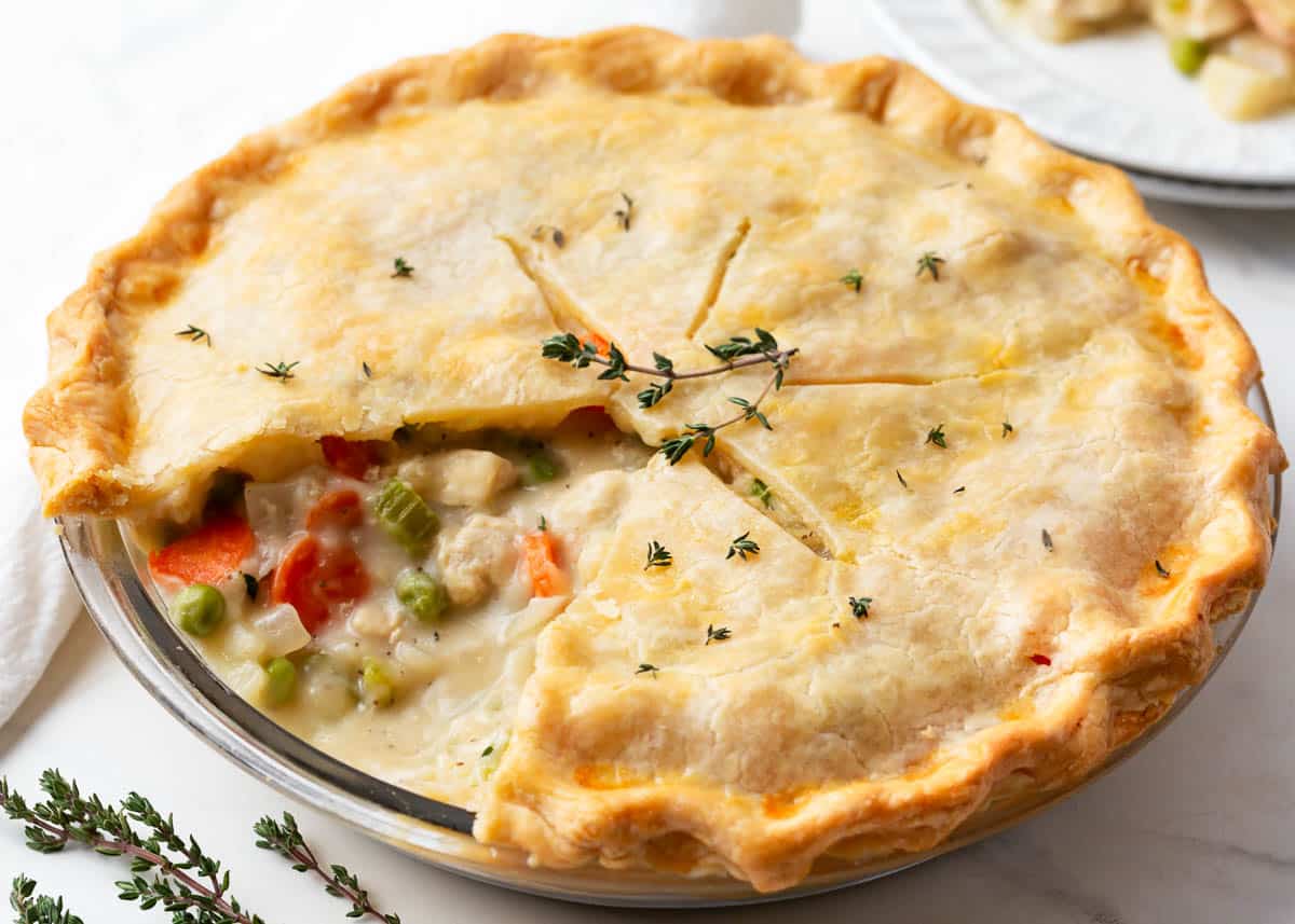 Chicken pot pie on counter.