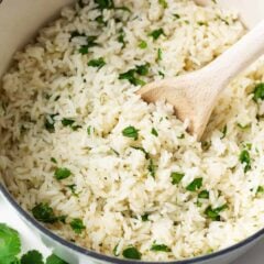 Cilantro lime rice in a white pot.