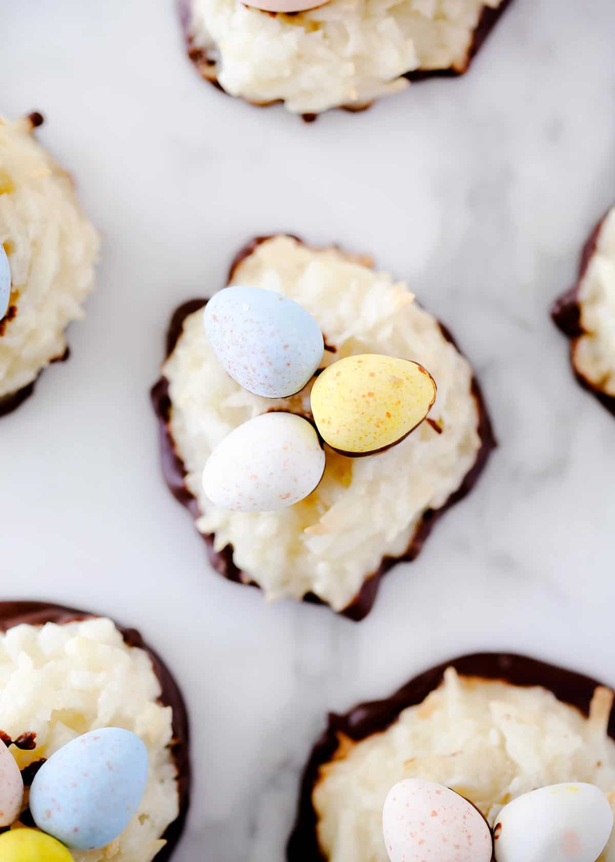 Coconut macaroon with cadbury eggs on top. 