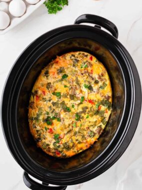 Crockpot breakfast casserole in a pot.
