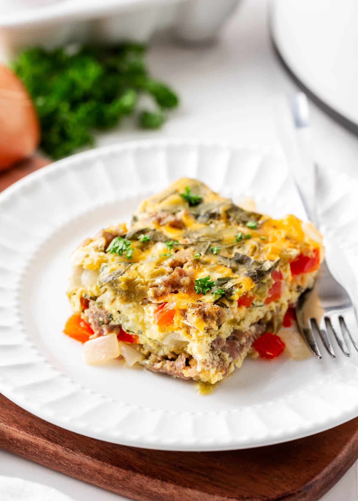 Crockpot breakfast casserole served on a plate.