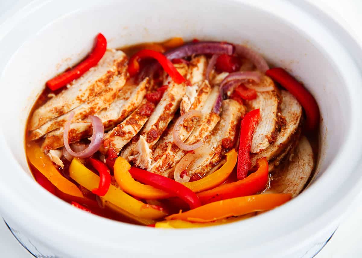 Crockpot chicken fajitas cooking.