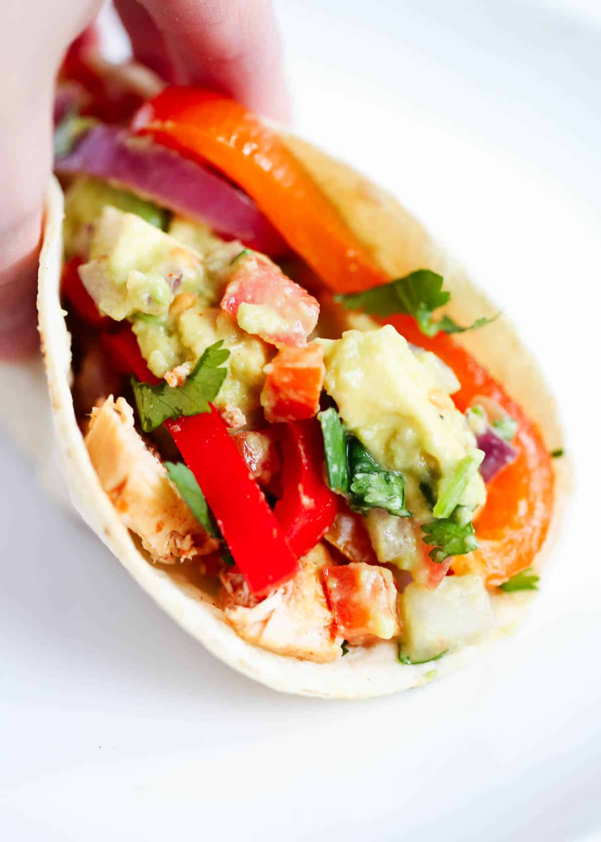 Chicken fajitas in a taco.